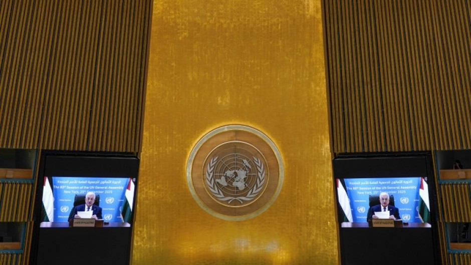 Palestinian Authority President Mahmud Abbas speaks by video during the United Nations General Assembly