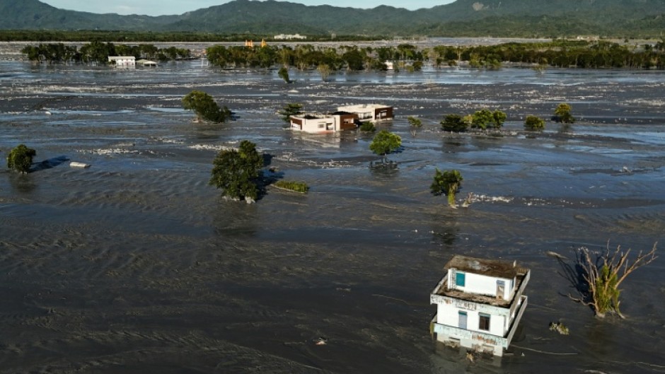An aerial image shows flood waters covering parts of Guangfu township after a barrier lake burst in Hualien, following torrential rain when Super Typhoon Ragasa skirted Taiwan