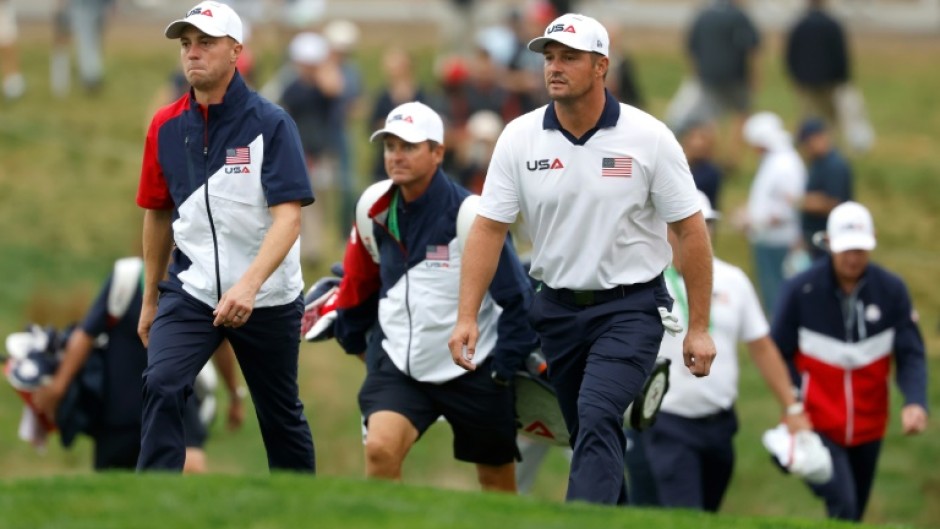 Americans Bryson DeChambeau, right, and Justin Thomas, left, will face Europe's Jon Rahm and Tyrrell Hatton in the opening foursomes match of the 45th Ryder Cup at Bethpage Black