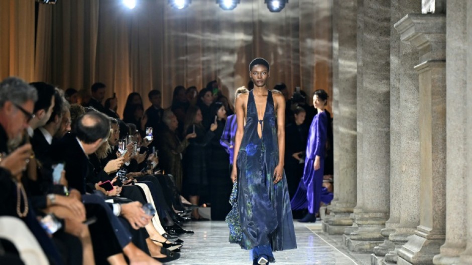 Models walked under the historic portico of the Pinacoteca di Brera gallery
