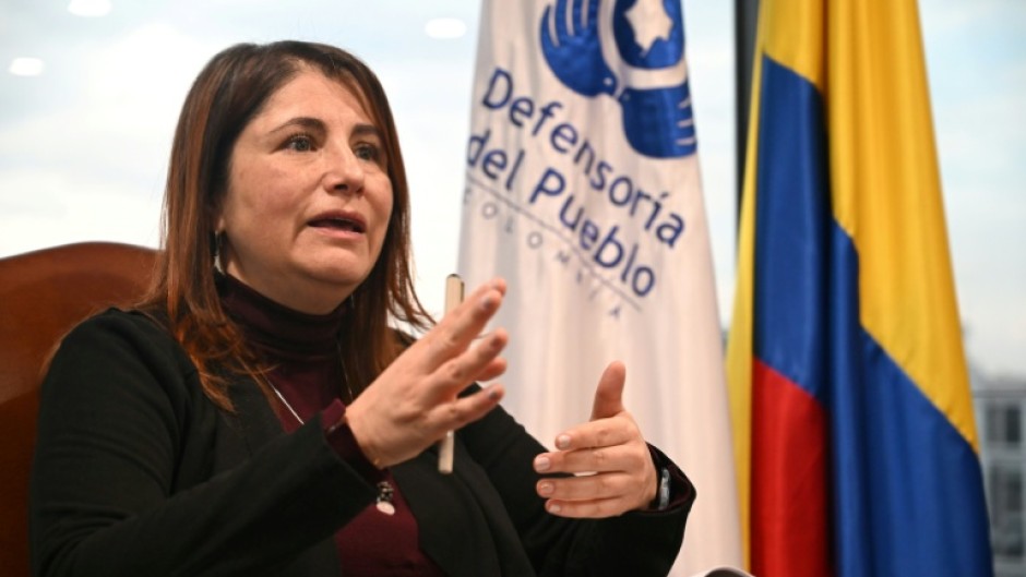 Colombia's Ombudsman executive, Iris Marin Ortiz, gestures as she speaks during an interview with AFP at the Ombudsman's headquarters in Bogota on October 6, 2025.