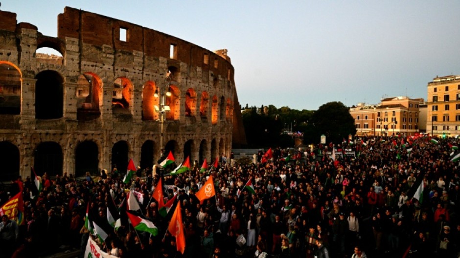 Pro-Palestinian demonstrators gather in Rome to protest against the interception of the Global Sumud Flotilla