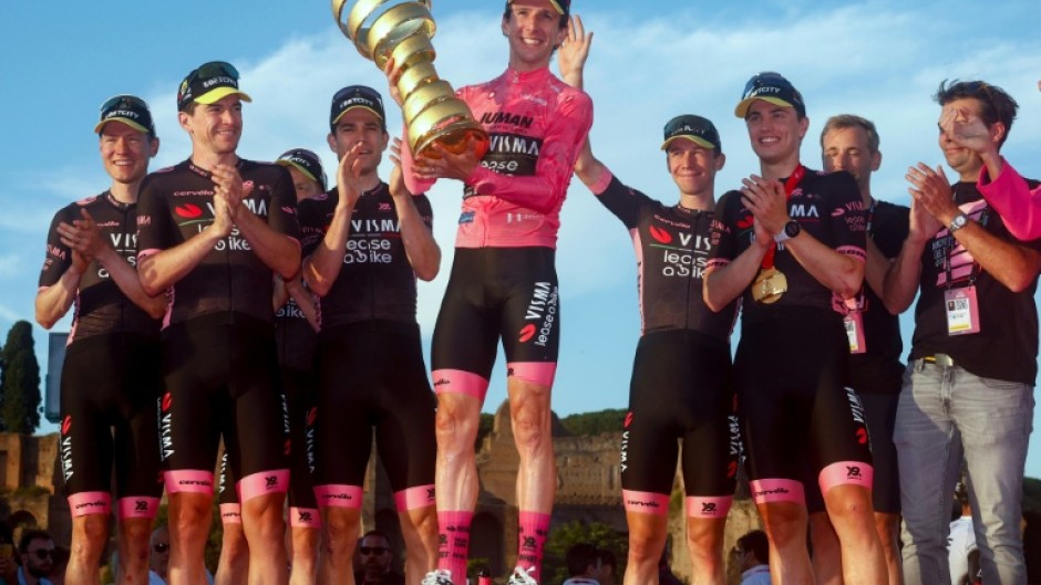 Britain's Simon Yates (C) won the Giro in May after a daring solo attack on the penultimate stage in the high mountains