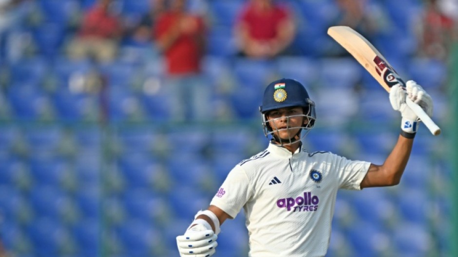 India's Yashasvi Jaiswal celebrates after scoring 150 runs
