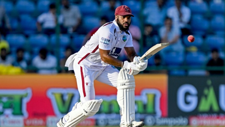 West Indies' John Campbell plays a shot during the third day of the second and final Test cricket match between India and West Indies at the Arun Jaitley Stadium in New Delhi