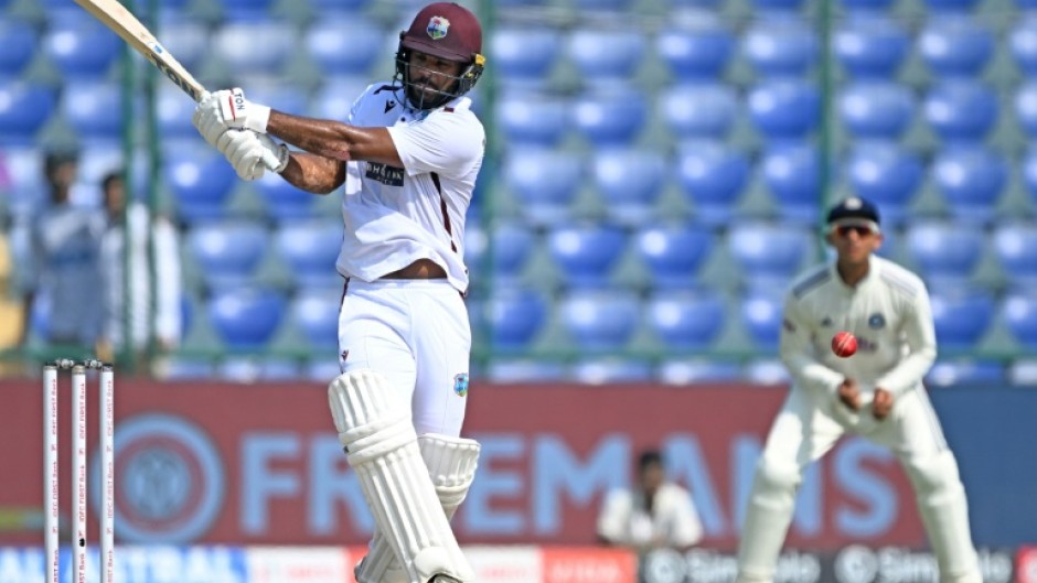 West Indies' John Campbell plays a shot