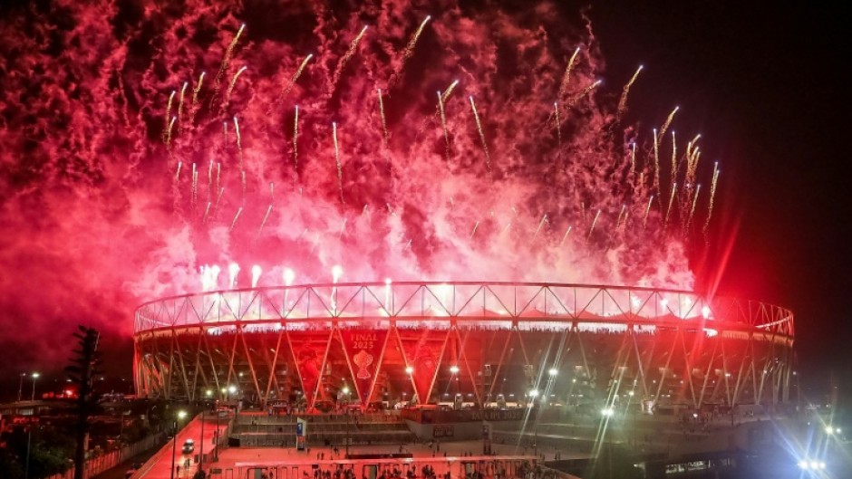 Fireworks light up the sky over the Narendra Modi Stadium in Ahmedabad