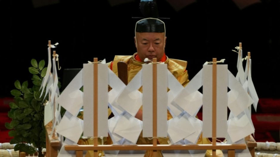 Sumo referee Kimura Shonosuke leads the ring-blessing ceremony ahead of the Grand Sumo Tournament at the Royal Albert Hall in London