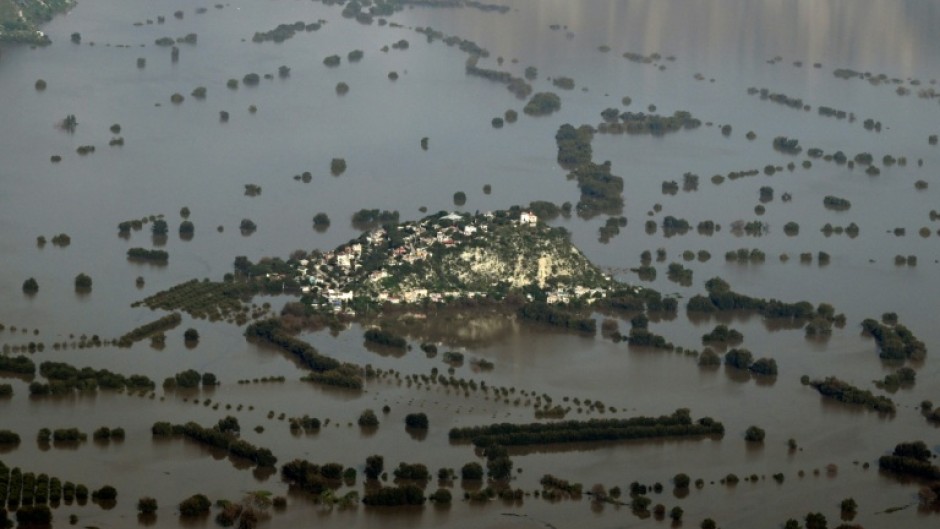 An aerial view of the flooded town of Tlacotepec in Mexico's Hidalgo state