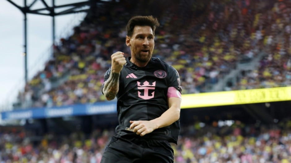 Inter Miami's Argentine superstar Lionel Messi celebrates one of his three goals in a Major League Soccer victory over Nashville SC