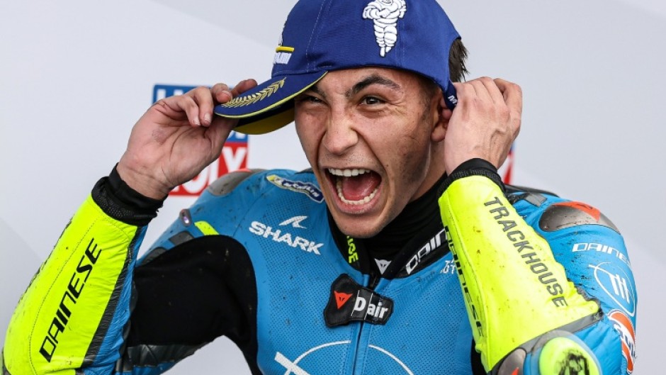 Spanish rider Raul Fernandez celebrates after winning his maiden MotoGP at the Australian Grand Prix