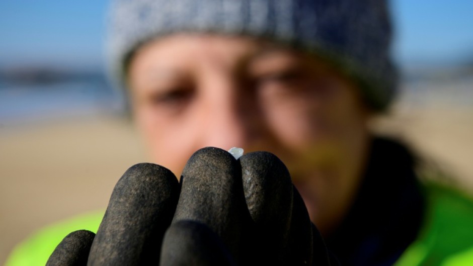 A worker holds a plastic nurdle which washed up at Vilar beach in Corrubedo, northwestern Spain, in 2024