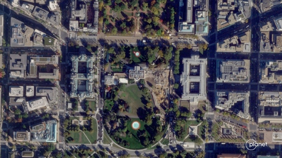 This handout satellite photo obtained on October 23, 2025 from Planet Labs PBC and dated October 23, 2025 shows the White House in Washington, DC, after the demolition of the East Wing
