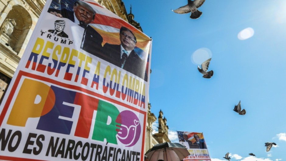 A poster reading 'Trump, respect Colombia, Petro is not a drug trafficker' is pictured during a rally called by Colombia's President Gustavo Petro in Bogota