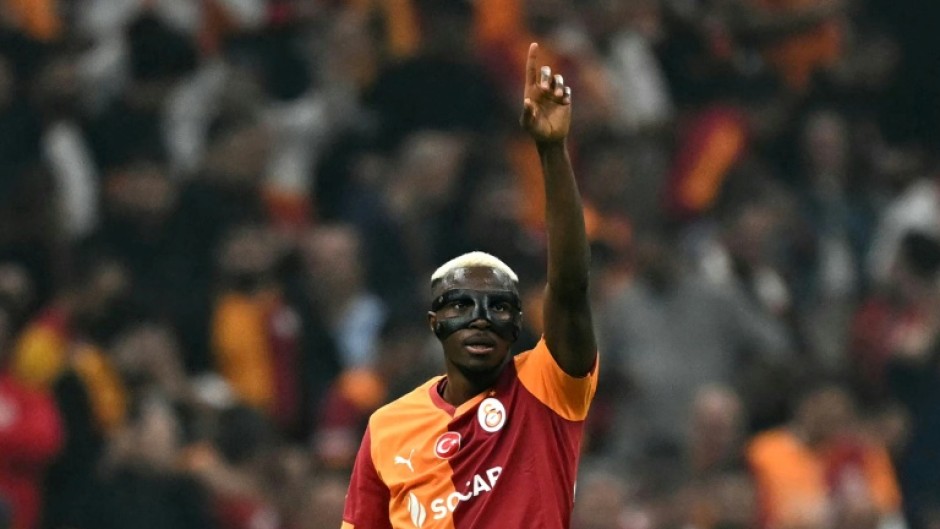 Nigeria striker Victor Osimhen celebrates scoring for Galatasaray in the 2025-26 UEFA Champions League.