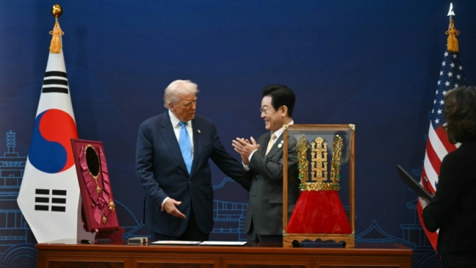 At a lavish ceremony in the historic capital of Gyeongju, Trump was presented with a replica of the "largest and most extravagant" gold crown from the Silla dynasty, which ruled from 57 BC to 935 AD