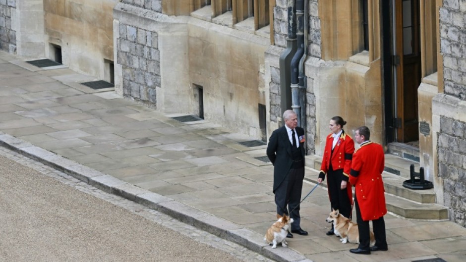 Andrew stands with the corgis, Muick and Sandy, inside Windsor just after the queen's death