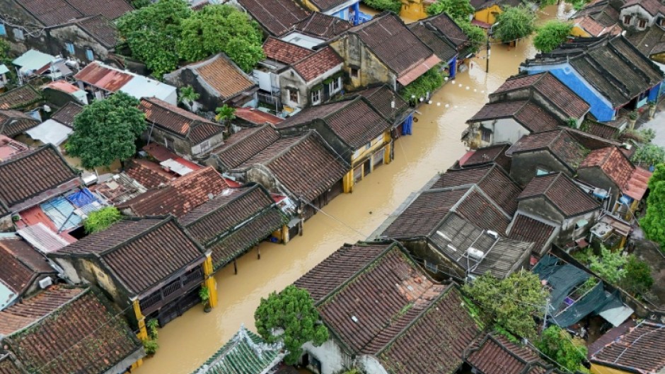Floodwaters inundating streets and buildings following heavy rains in Hoi An on October 30, 2025