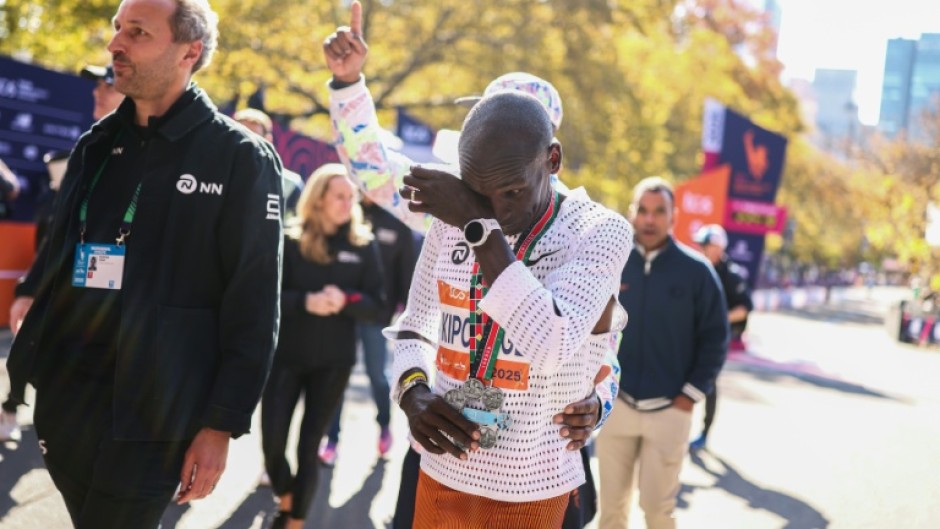 Eliud Kipchoge of Kenya sheds a tear after competing in the 2025 New York Marathon