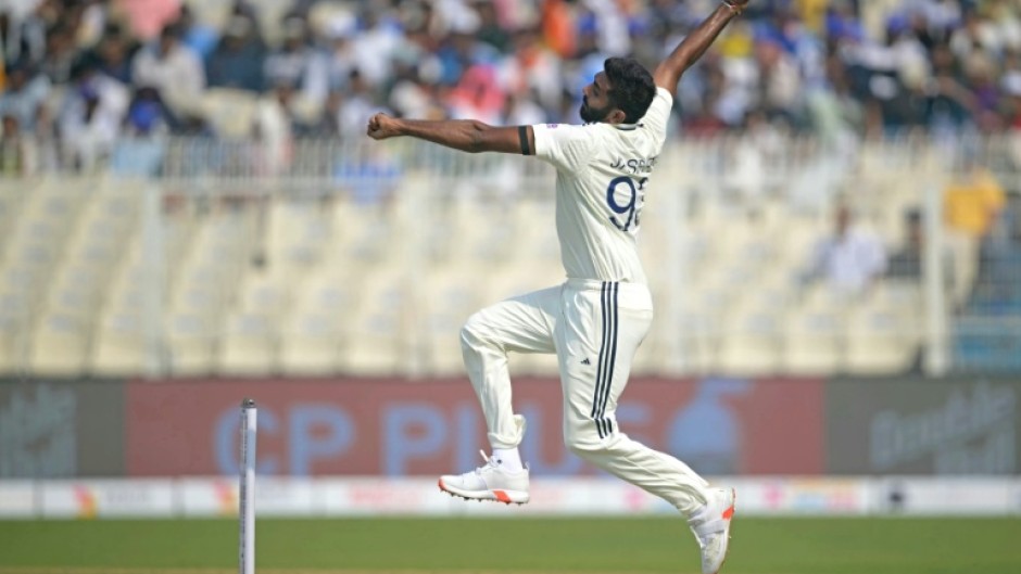 Jasprit Bumrah runs in to bowl on the first day against South Africa in Kolkata