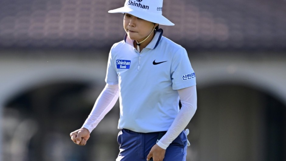 South Korea's Lee So-mi reacts after making an eagle putt on the 17th hole to help grab the lead after the opening round of the LPGA Tour Championship