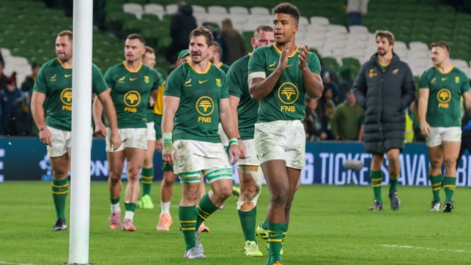 South Africa players celebrate after the win over Ireland in Dublin