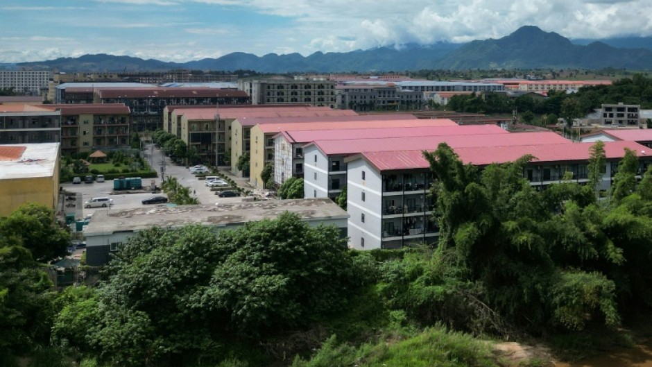 This aerial photo taken on September 17, 2025 from Mae Sot in Thailand shows the KK Park complex in Myanmar's eastern Myawaddy township which the Myanmar military said was a notorious internet scam compound