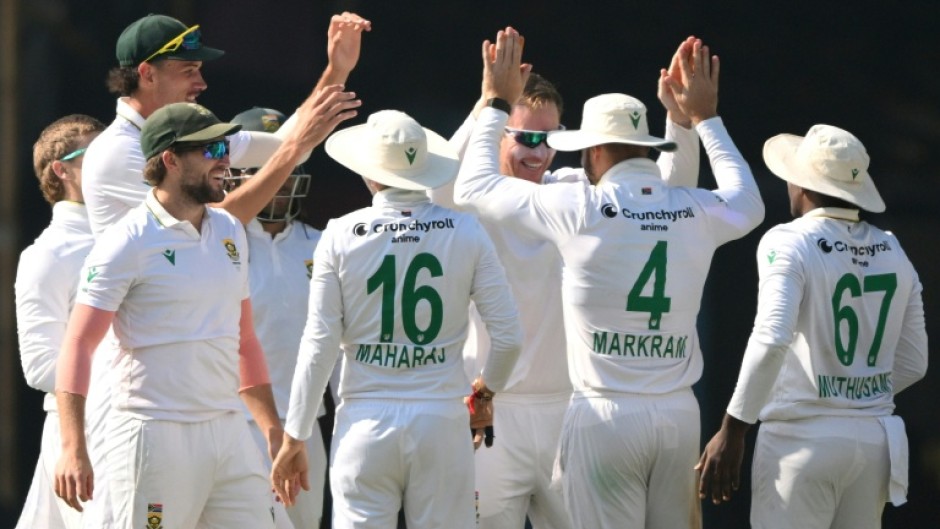 South Africa's players celebrate after the dismissal of India's Rishabh Pant
