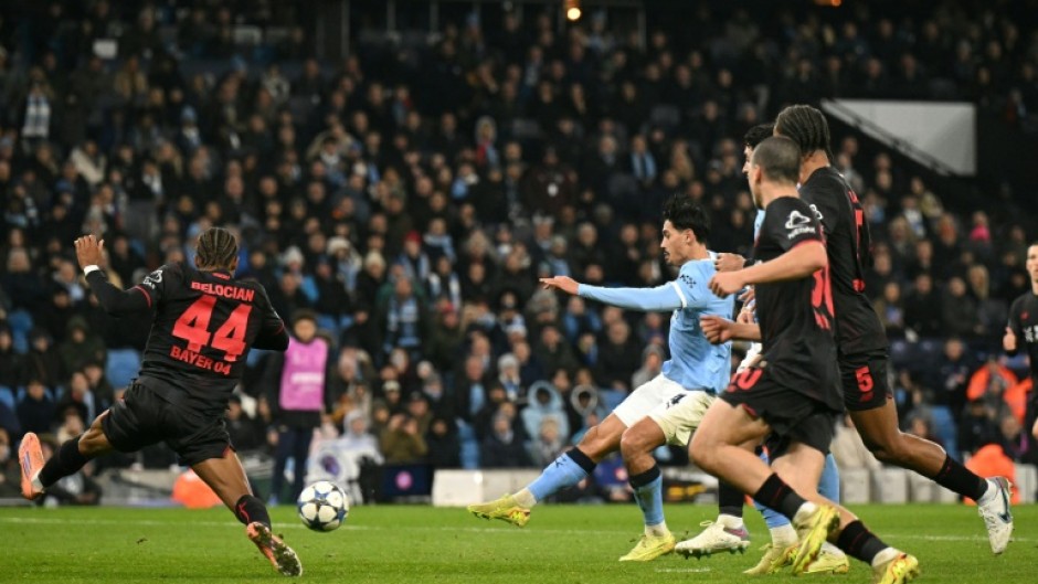 Manchester City midfielder Tijjani Reijnders in action against Bayer Leverkusen in the Champions League