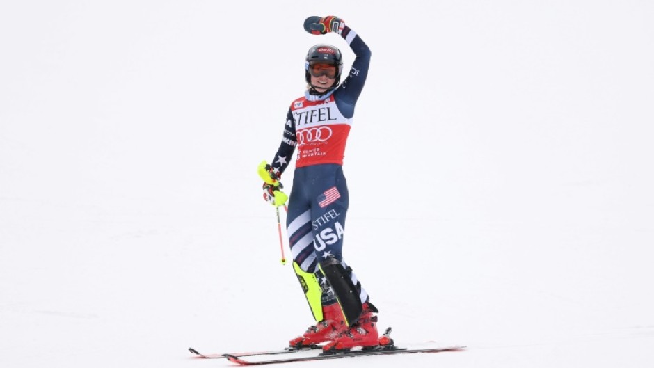 Mikaela Shiffrin celebrates after her slalom victory at Copper Mountain in Colorado