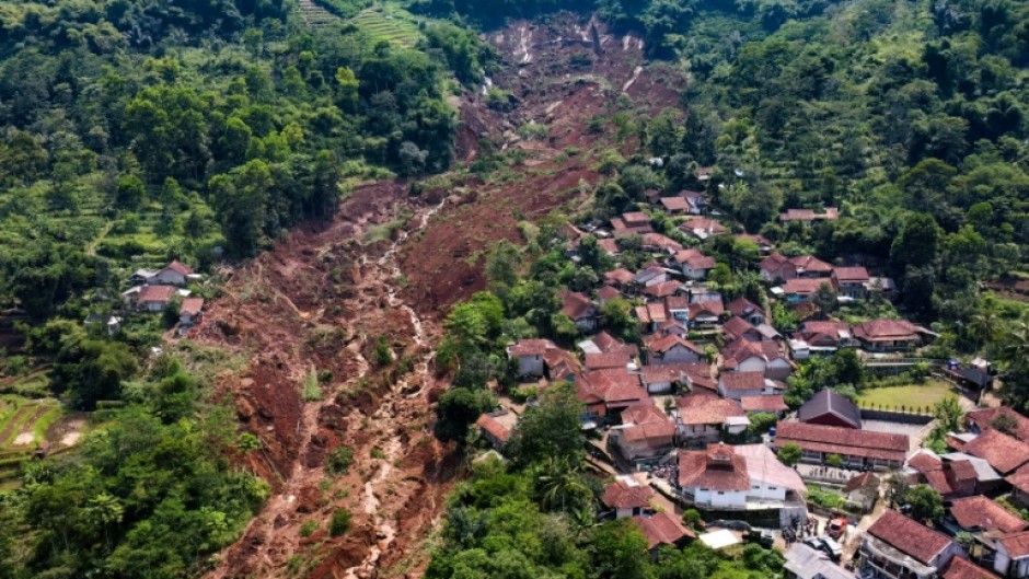 An aerial view of a landslide at Condong village in Bandung, West Java