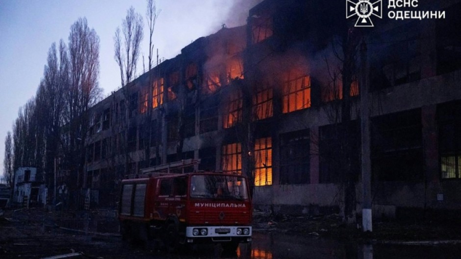 Firefighters respond after an air strike on Ukraine's Odesa region