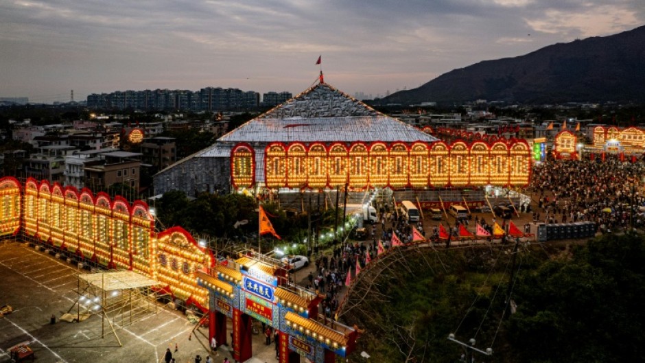 An aerial view shows the record-breaking bamboo structure for staging rituals and performances