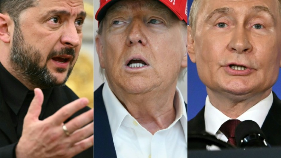 Ukrainian President Volodymyr Zelensky (L) says that Washington has proposed face-to-face talks between Ukraine, the United States and Russia, which could include US President Donald Trump (C) and Russia's Vladimir Putin (R)