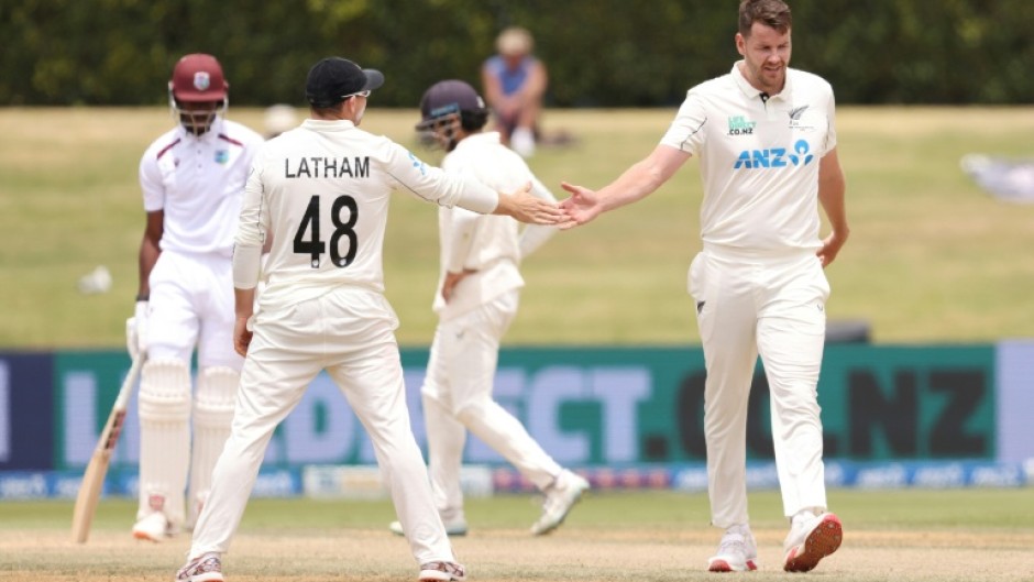 New Zealand's Jacob Duffy and Tom Latham in the Test match against West Indies at Bay Oval in Mount Maunganui, New Zealand