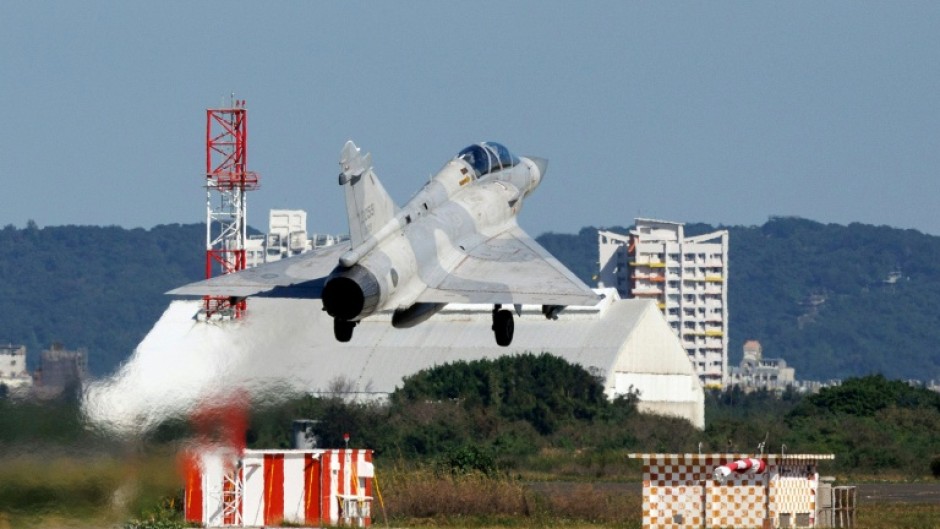 A Taiwan Air Force Mirage 2000 fighter jet takes off at Hsinchu Air Base in Hsinchu on December 29, 2025