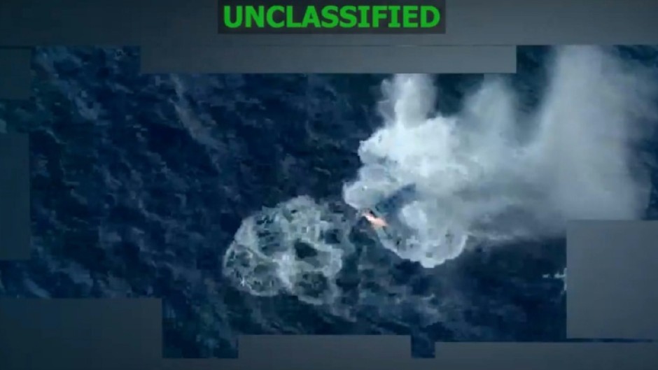 This screen grab from a video posted on the X account of US Southern Command (SOUTHCOM) shows a strike on one of three boats alleged to be trafficking drugs on December 30, 2025