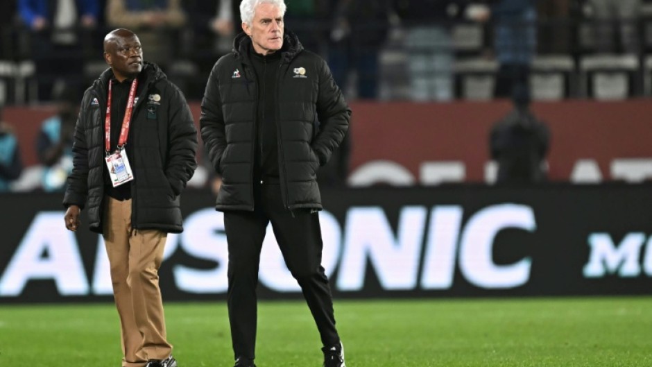 South Africa coach Hugo Broos on the pitch at the end of his team's Cup of Nations last-16 defeat against Cameroon on Sunday