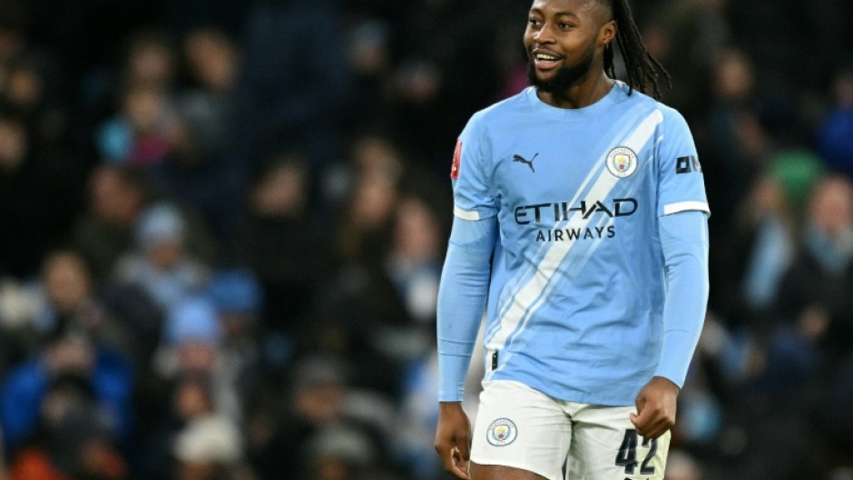Manchester City's Antoine Semenyo celebrates scoring against Exeter