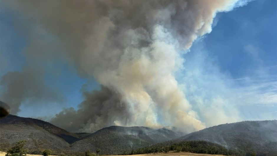 A bushfire burning in the Mount Lawson State Park, 25 kilometres west of Walwa, Victoria state