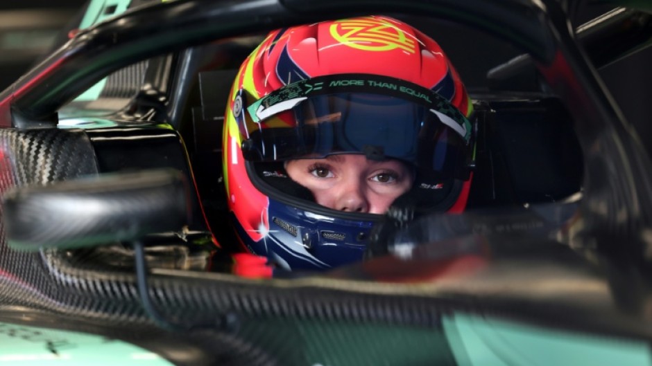 Romania's Zoe Florescu Potolea sits in her car during a training session at the Circuit de Barcelona-Catalunya