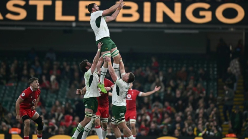 South Africa lock Jean Kleyn wins line-out ball against Wales in a 2025 Autumn Nations international in Cardiff