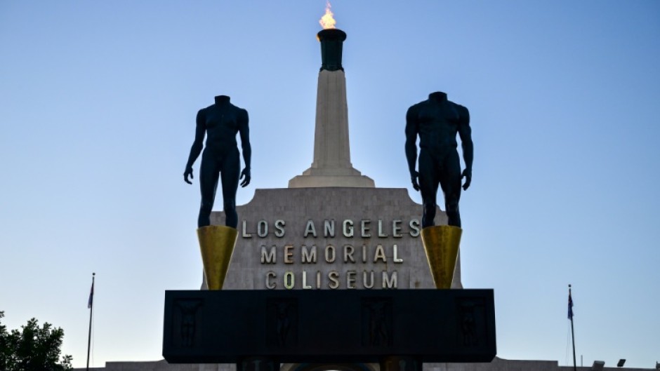 The LA28 Olympic cauldron is lit after a ceremonial lighting at the Memorial Coliseum ahead of the opening of registration for tickets to the Games