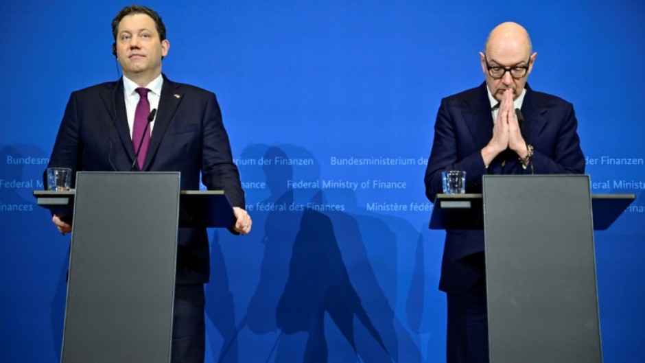 German Vice Chancellor and Finance Minister Lars Klingbeil, on the left, and French Economy and Finance Minister Roland Lescure give a joint statement in Berlin