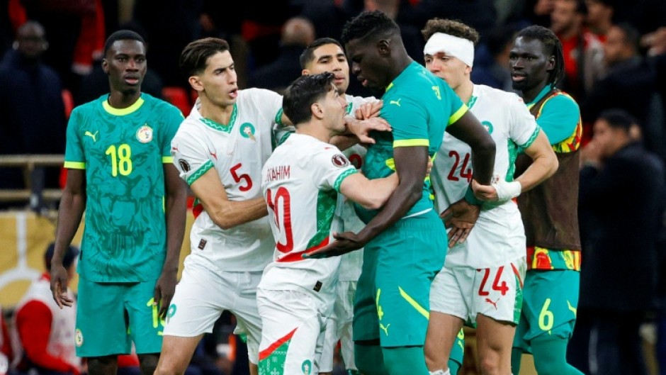 Senegal and Morocco players clash during the Africa Cup of Nations final in Rabat