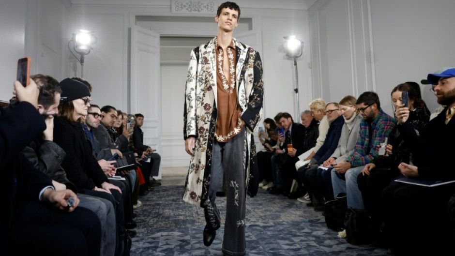 A model during the Kartik Research Menswear Fall-Winter collection in Paris on Thursday