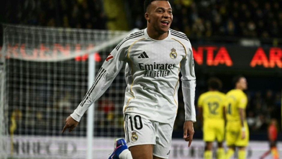 Real Madrid's French forward Kylian Mbappe celebrates scoring his team's first goal at Villarreal on Saturday