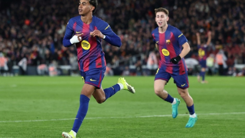 Barcelona's Spanish forward Lamine Yamal celebrates scoring a spectacular goal against Real Oviedo