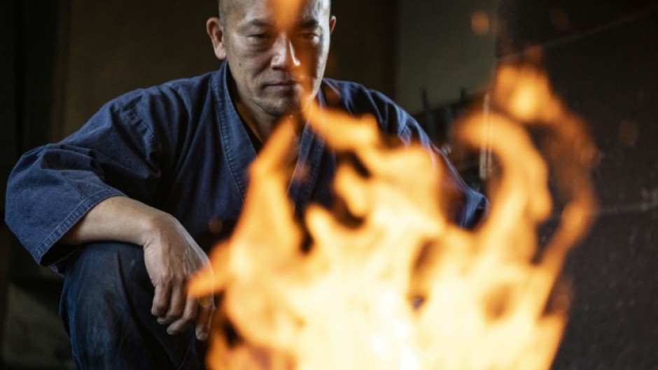 Blade maker Akihira Kawasaki in his workshop in Misato, Saitama prefecture