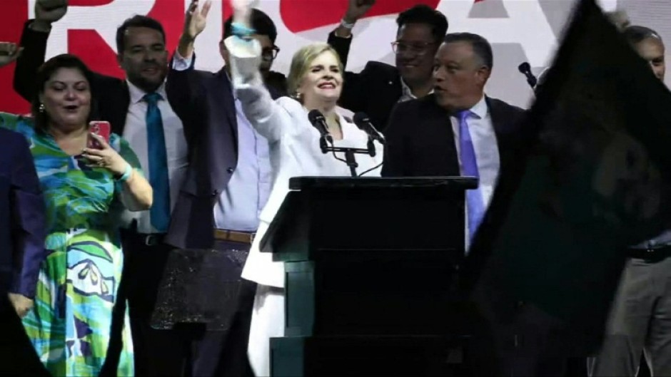 Costa Rica's Laura Fernandez greets supporters as she claims victory in presidential election
